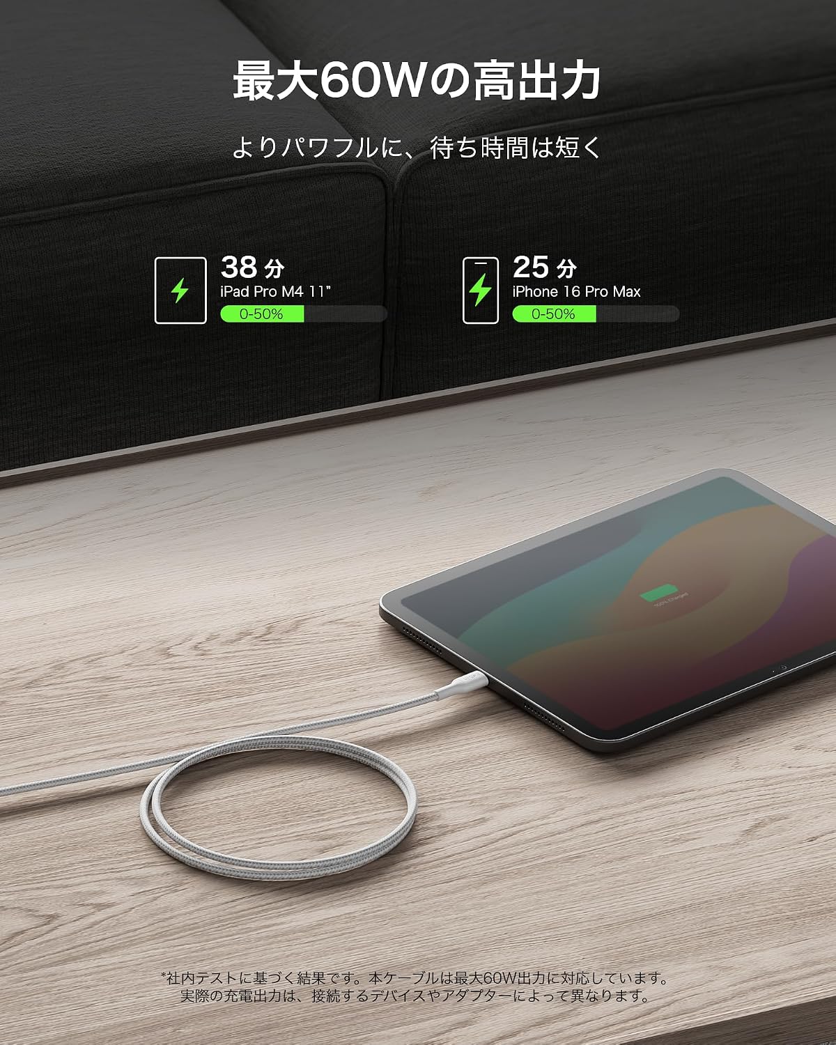 Detalle 2 de Belkin BoostCharge CAB024fq2MWH USB-C編組ケーブル 60W PD対応・2m・ホワイト