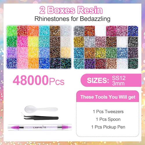 Thumbnail 4 de CANVALITE 48000pcs Nail Art Rhinestones Kit (3mm, 48 Colours) with Tweezers, Pen & Spoon