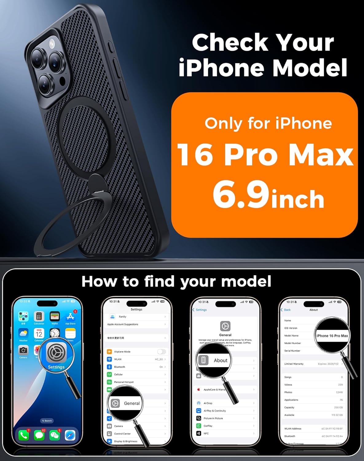 Detalle de Enlafavo 360° Magnetic Stand Case for iPhone 16 Pro Max — Carbon Fiber, 15ft Military Protection