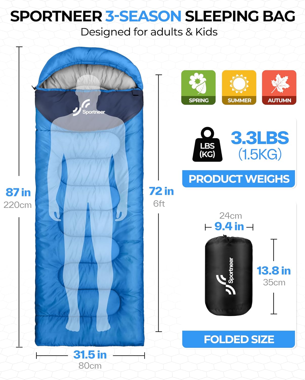 Thumbnail 1 de Sportneer 3-Season Sleeping Bag, 87 x 31.5-Inch with Compression Sack