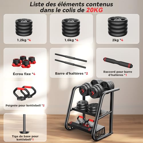 Thumbnail 8 de FEIERDUN kit d’haltères 5-en-1 réglable, haltères, barre et kettlebell