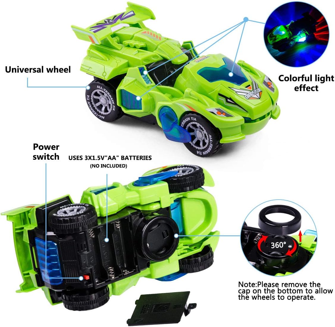 Detalle de Highttoy Transforming Dinosaur Electric Car Toy (Green) with Flashing Lights & Music