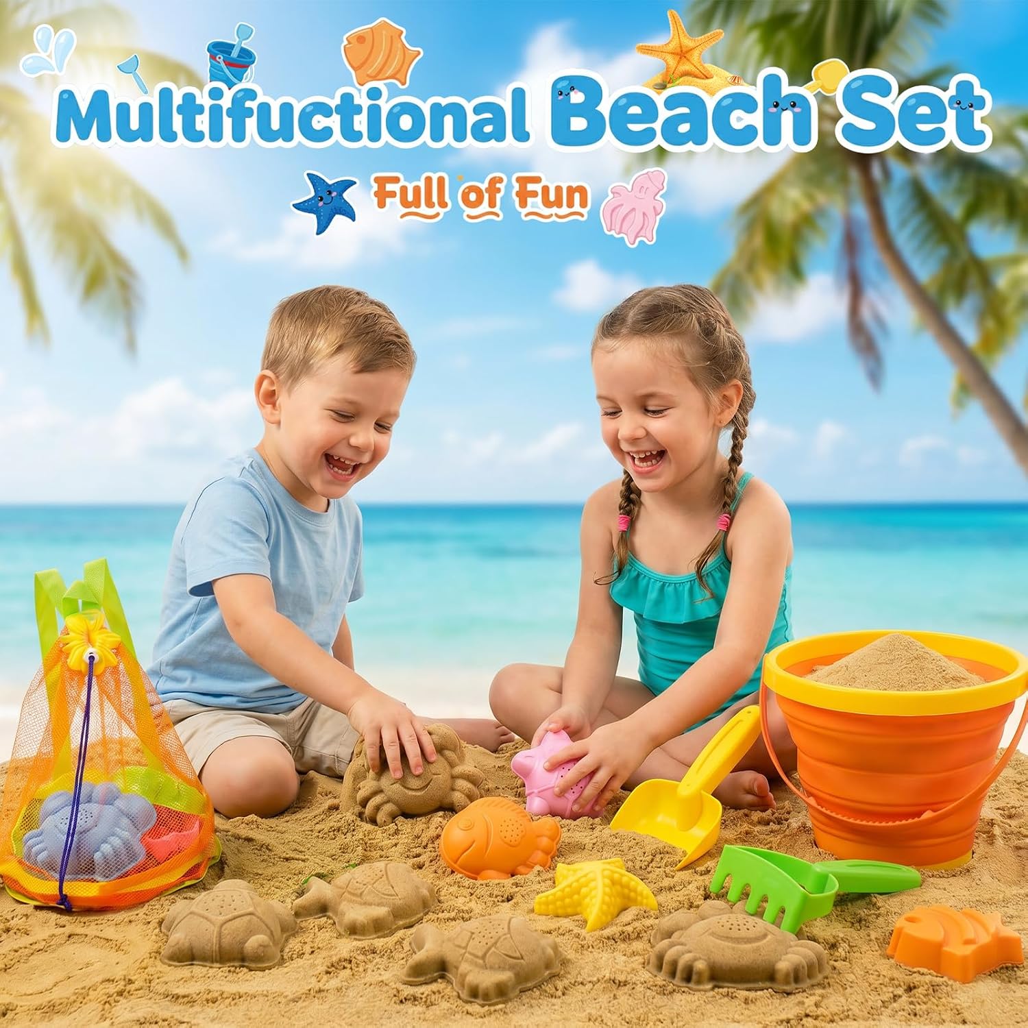 Detalle 2 de Beach Sand Toys Set for Toddlers (Sunset Orange) – Portable Travel Beach Kit