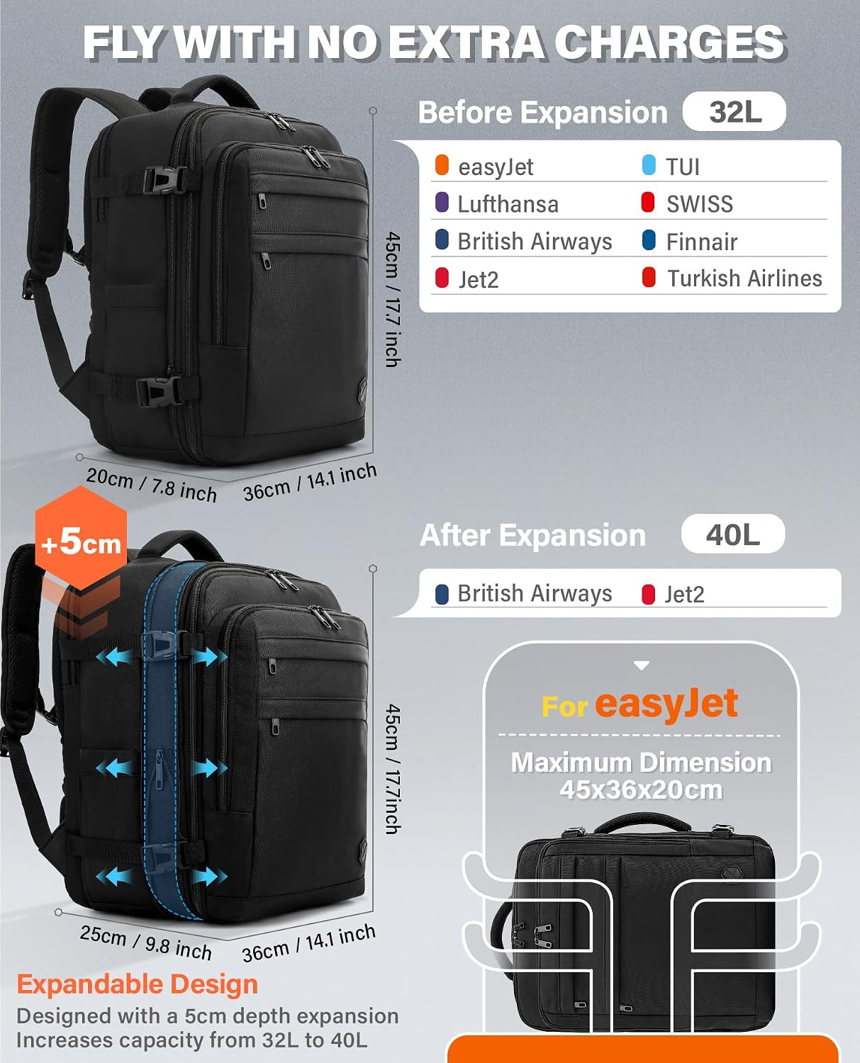 Thumbnail 1 de VANKEV EasyJet Cabin Bag 32L→40L