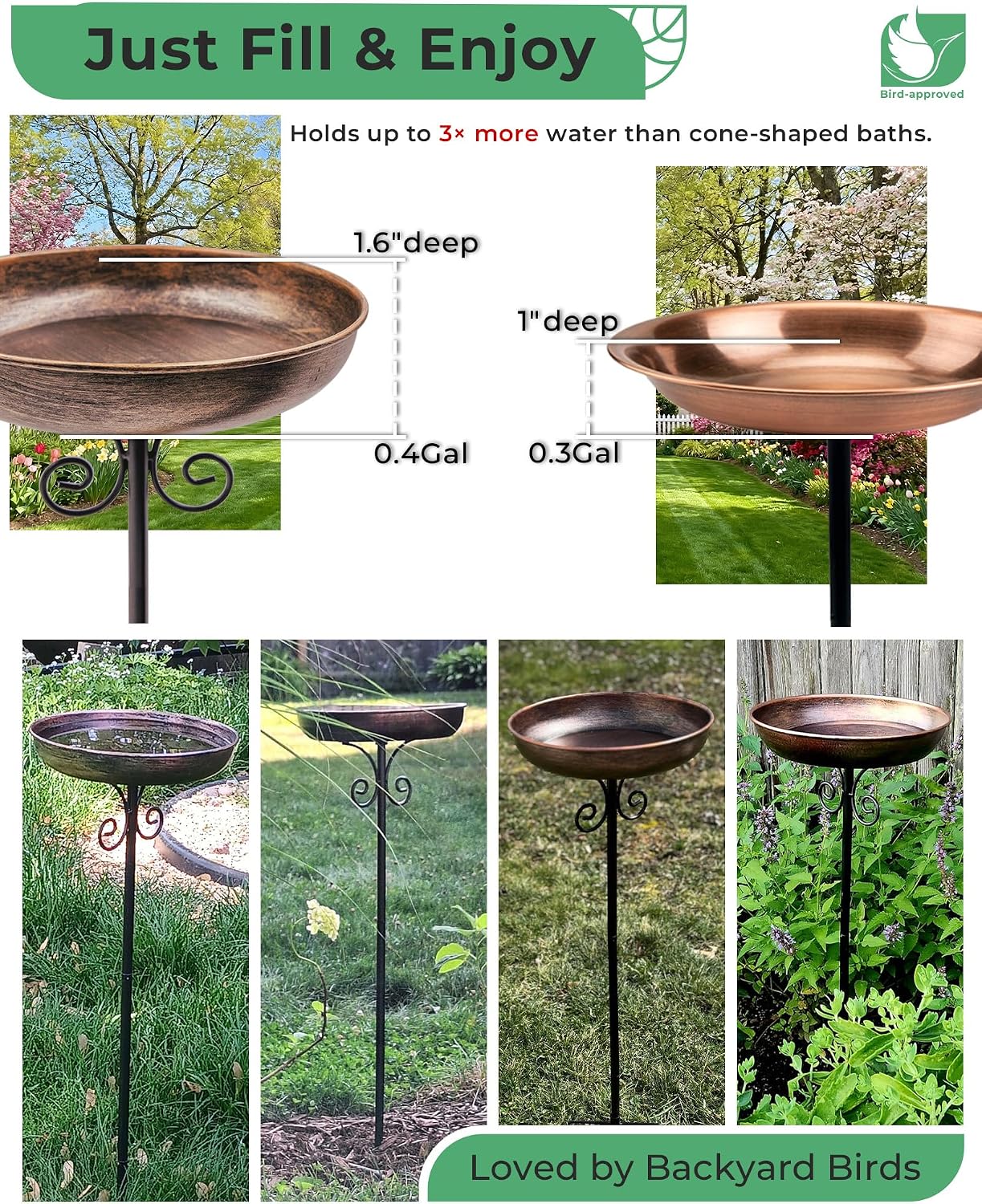 Detalle 2 de OUISJYER 1 10-Inch Metal Bird Bath with 5-Prong Stake, Adjustable Height