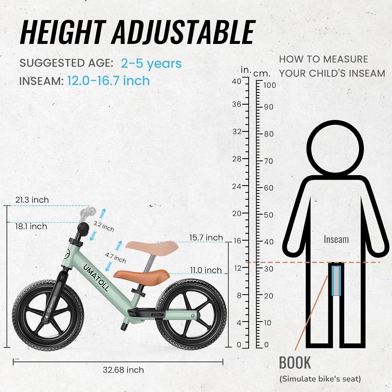 Detalle de Umatoll Toddler Balance Bike: Adjustable 2-5 Year Old Toy Bicycle for Safe, Early Riding