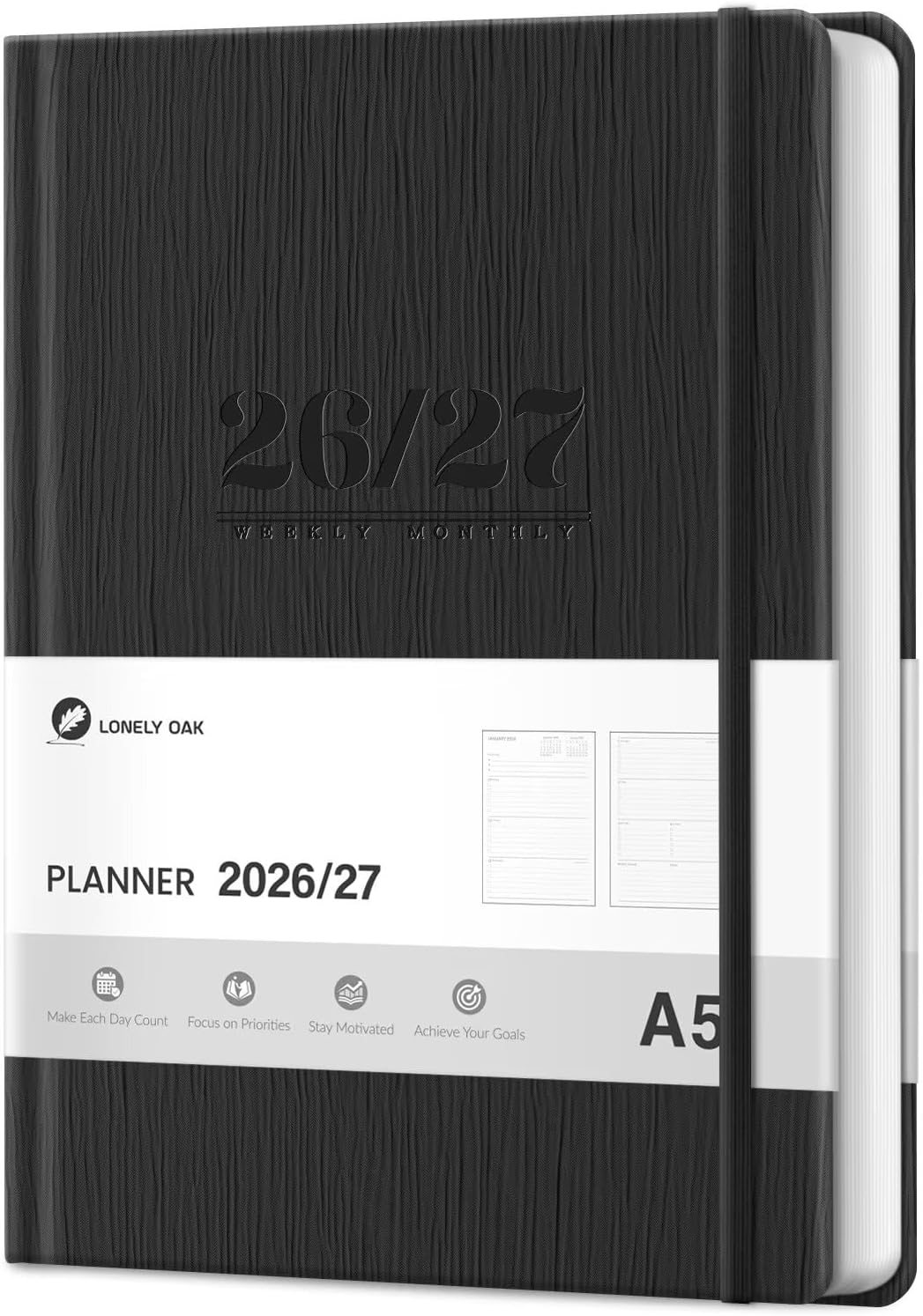 Detalle de Lonely Oak 2026-2027 A5 Academic Planner, Black Faux-Leather Cover