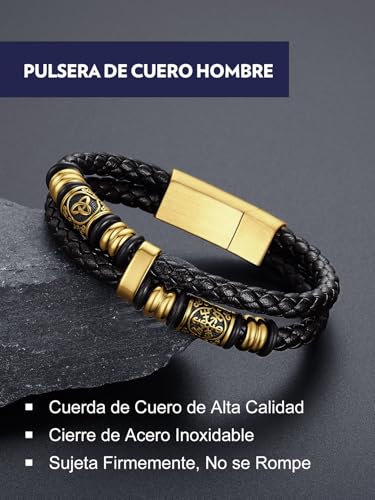 Detalle 2 de Bandmax Pulsera Viking de Cuero Trenzado para Hombre 23 cm con Doble Capa, Cuentas de Acero Inoxidable y Cierre Magnético