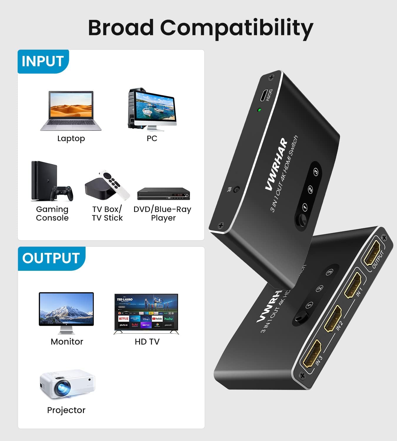 Thumbnail 4 de Automatischer HDMI Switch 3 in 1 Out – 4K Aluminium mit Fernbedienung