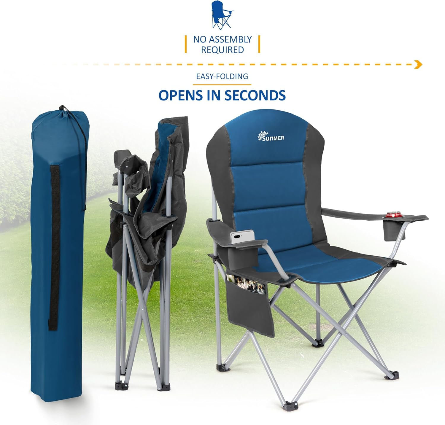 Detalle de SUNMER Padded Camping Chairs — Deluxe Folding Set of 2 with Cup Holders and Side Pockets