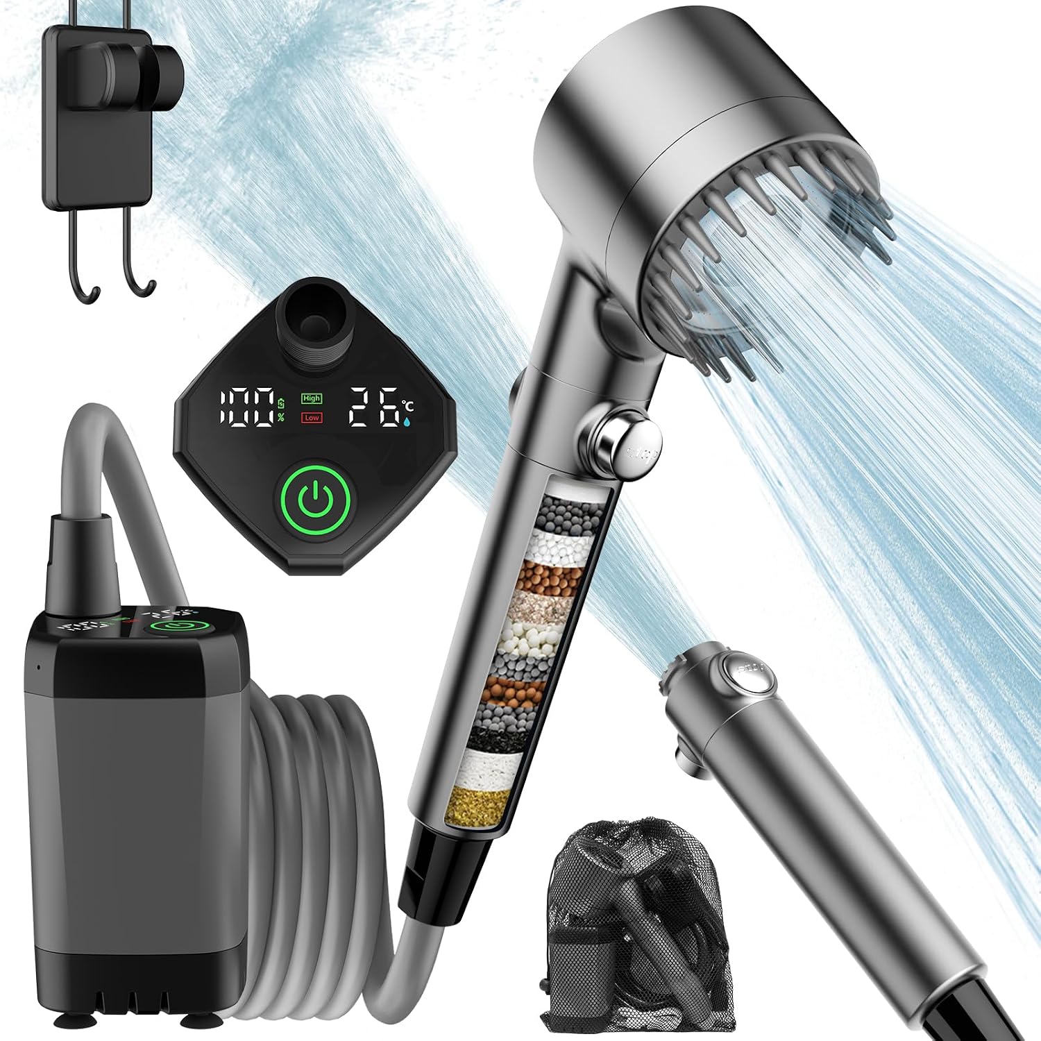 Portable camping shower with 6000mAh