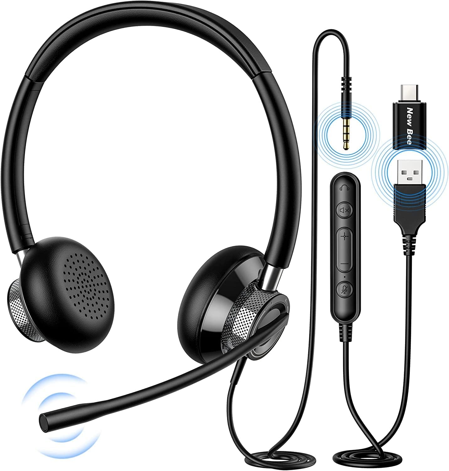 Detalle de New Bee USB Headset with Microphone (H361) – Comfort USB PC Headset for Calls and Online Learning
