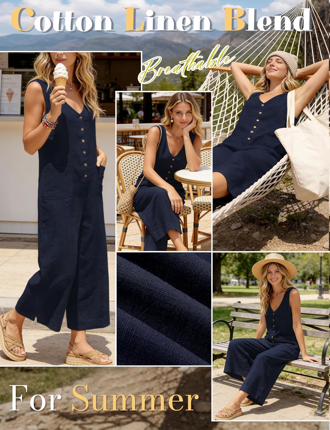 Thumbnail 6 de Yeokou Women Button Down Jumpsuits: Cotton Linen Sleeveless Wide-Leg Romper with Pockets