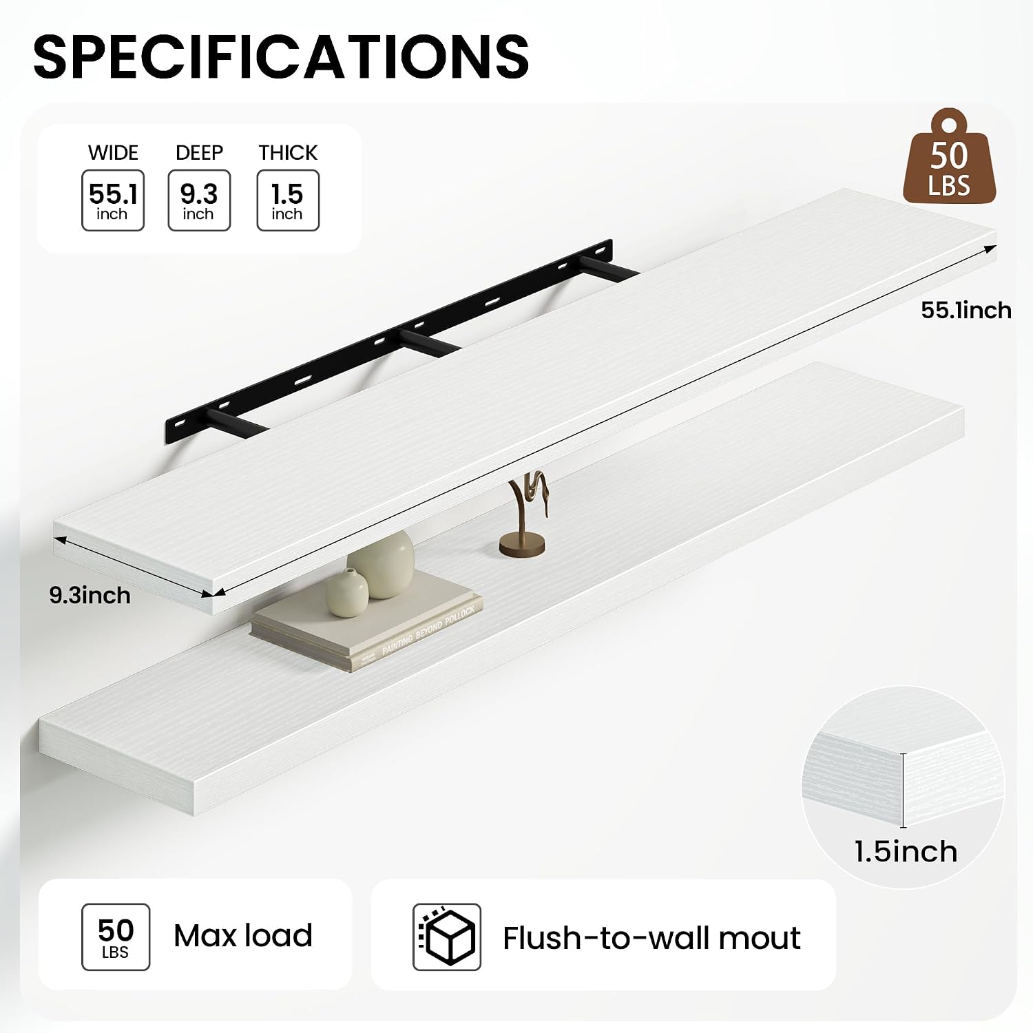 Detalle 2 de Heimlove HLS1-FS-N22-MD1400LWHT2P Floating Shelves, White, Set of 2