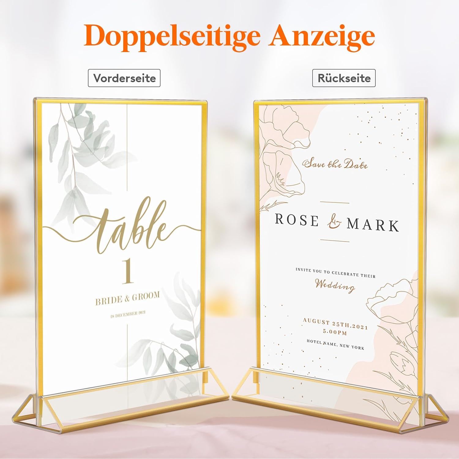 Detalle 2 de Lifewit 6er Pack Tischaufsteller A5 aus Acryl mit goldenen Rändern (doppelseitig) – Menü- & Tischnummernhalter