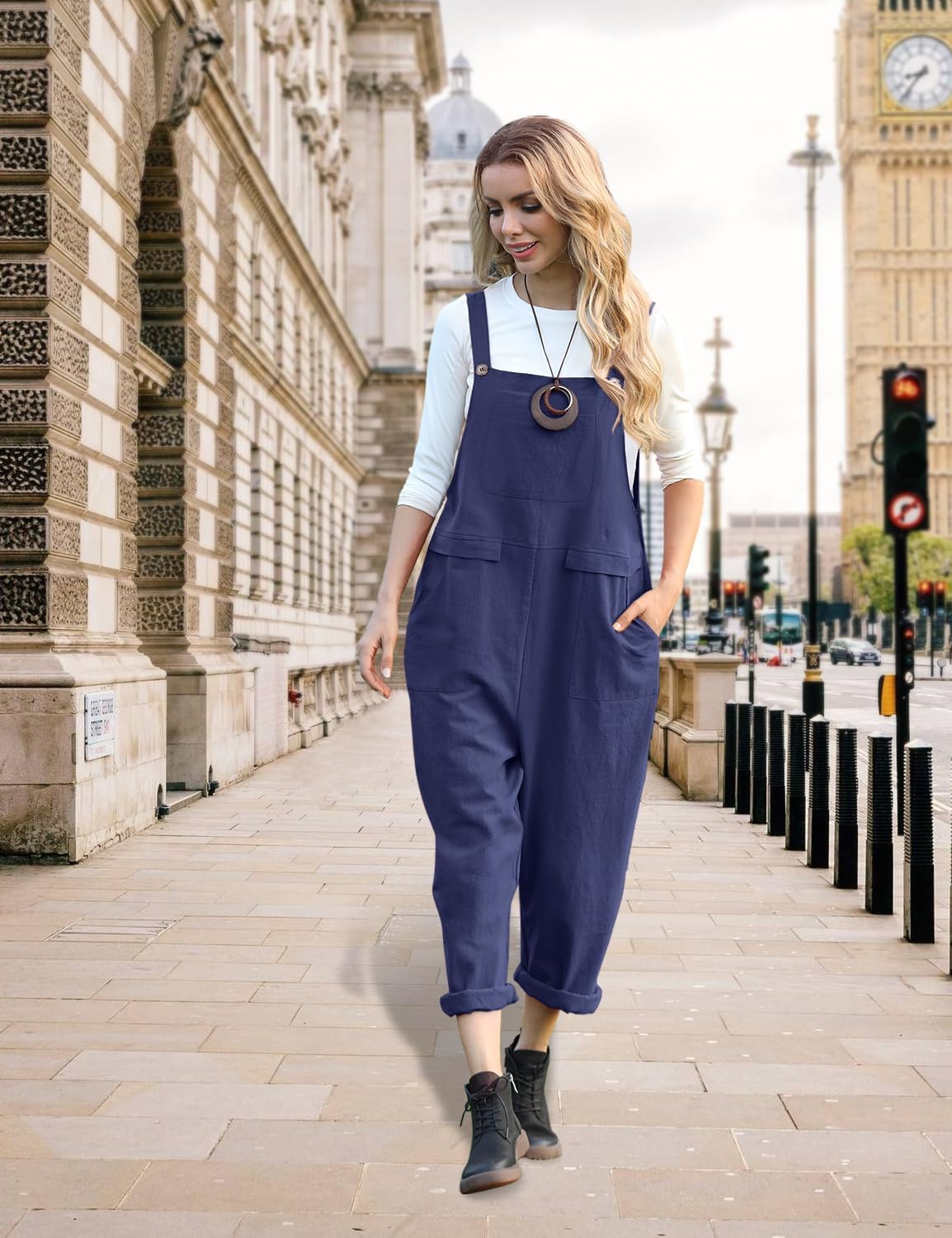 Detalle de YESNO Damen Latzhose Sommer Oversize Trägerhosen – Baggy Jumpsuit im Boyfriend-Style