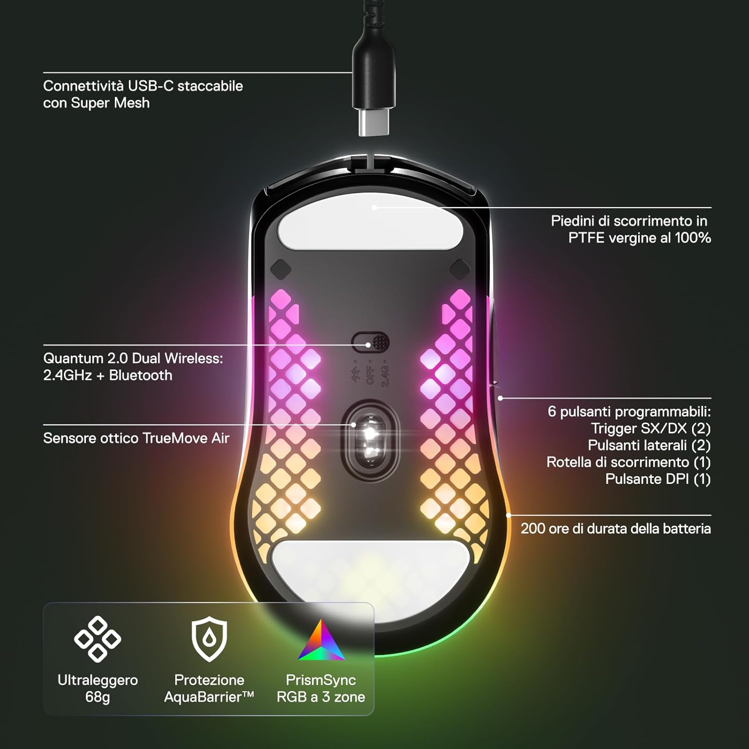 Thumbnail 3 de SteelSeries Aerox 3 Wireless Onyx (2022) da 68 g: mouse gaming ultra leggero con 2,4 GHz e Bluetooth