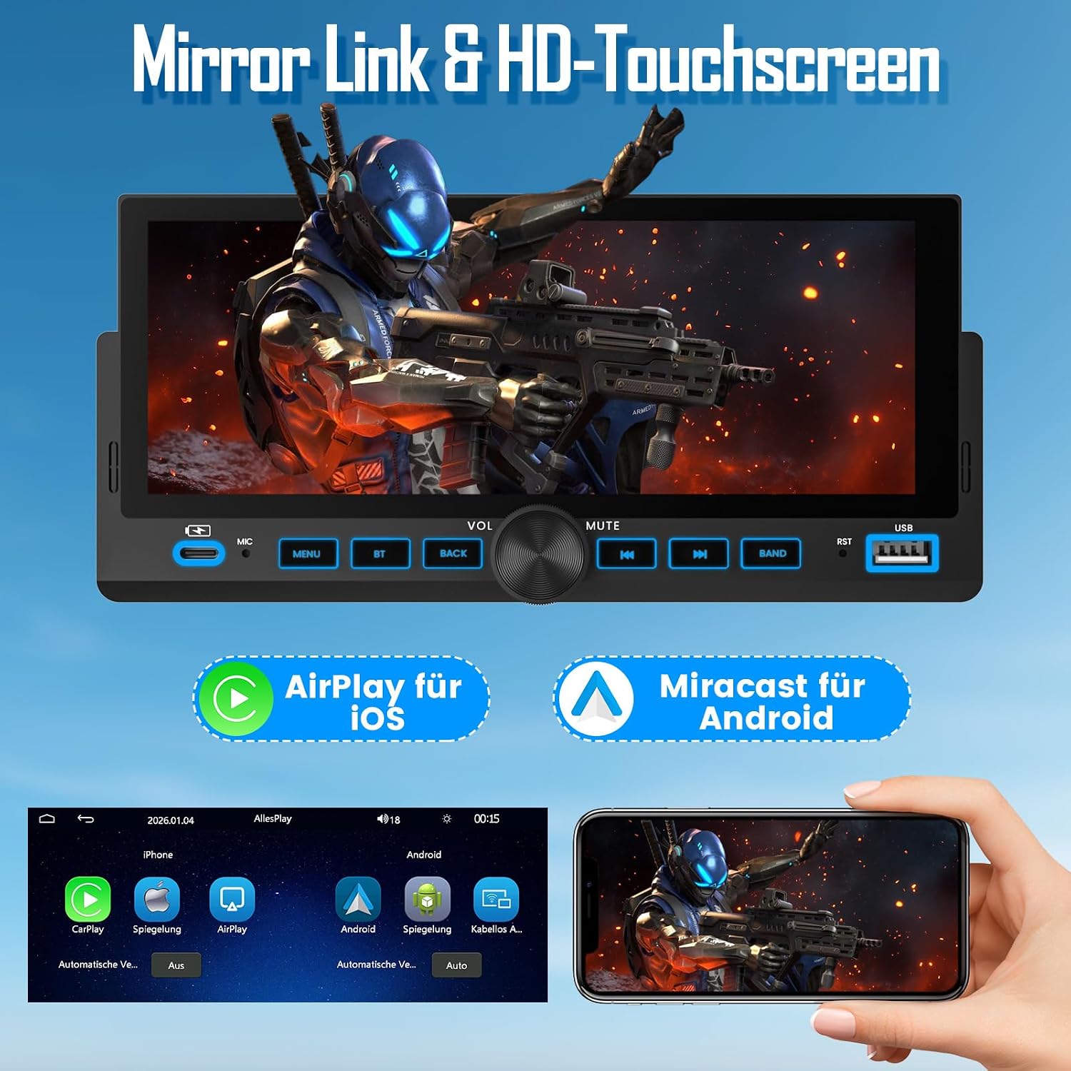 Thumbnail 3 de 1-DIN Autoradio mit 6,86-Zoll Wireless CarPlay & Android Auto, Bluetooth und Rückfahrkamera