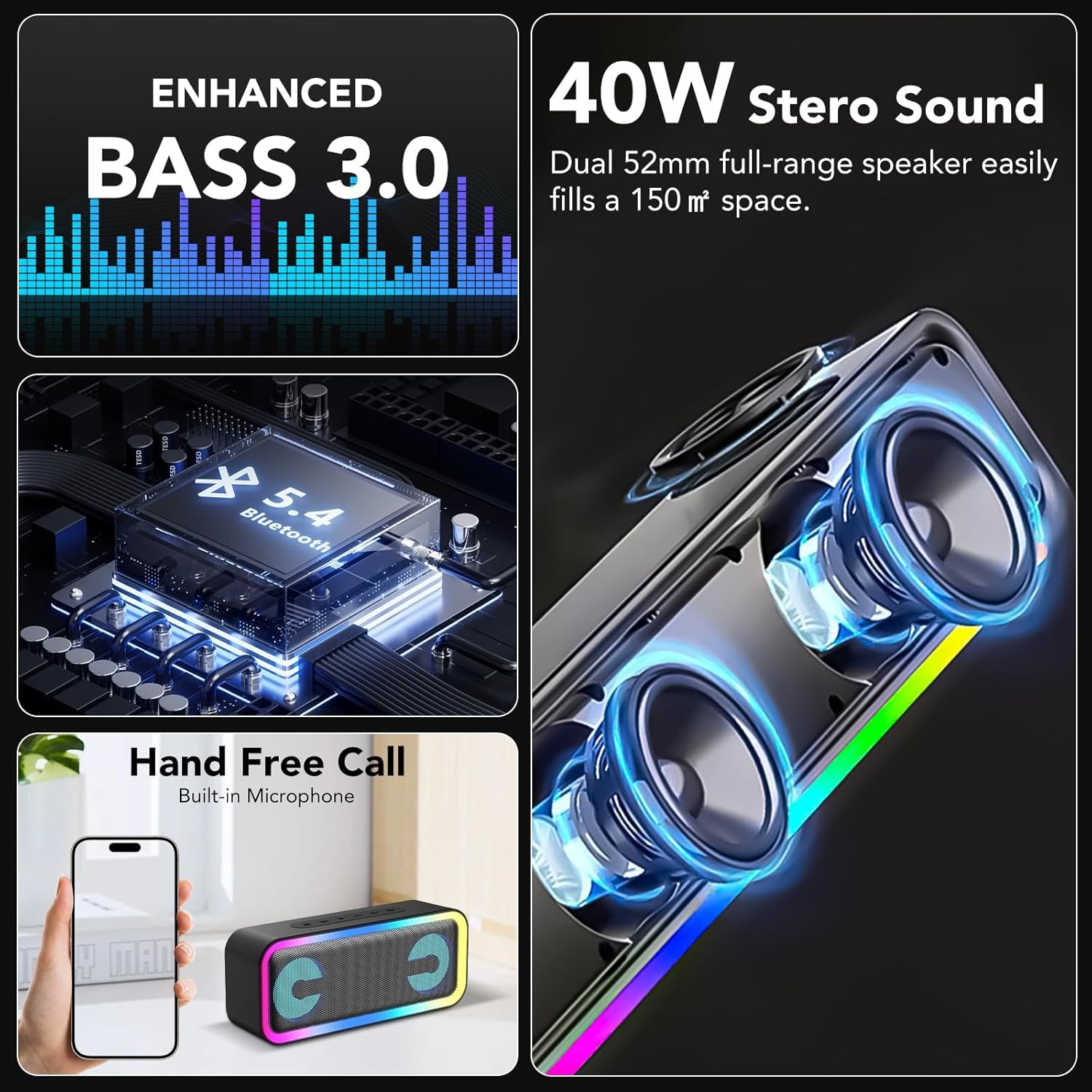 Thumbnail 1 de IKT Bluetooth-Lautsprecher mit Licht, 30 W Stereo (Bass Boost), IPX7, 7 RGB-Modi & Bluetooth 5.4