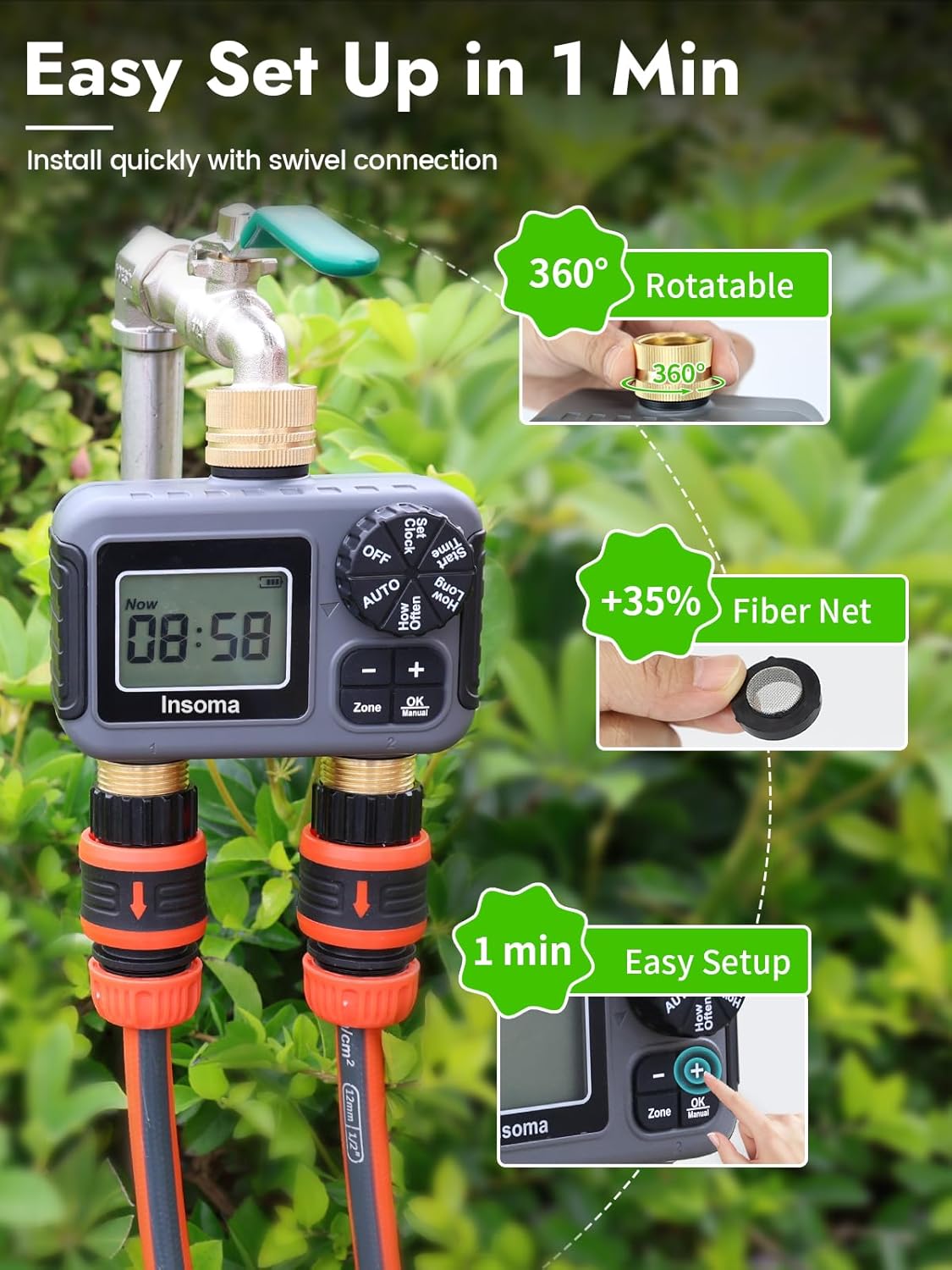 Detalle 2 de Insoma 2 Outlets Sprinkler Timer with Brass Inlet & Outlet
