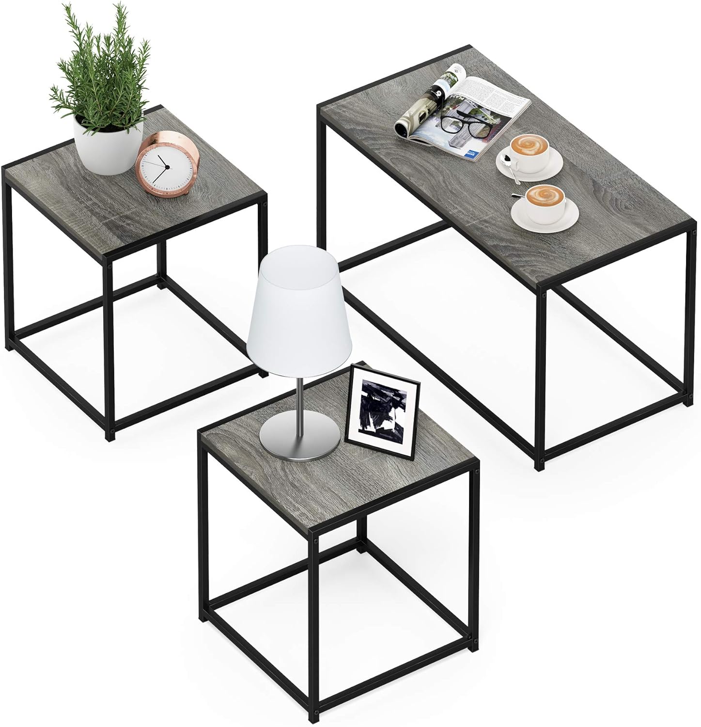 Detalle de Furinno Camnus: Set tavolo soggiorno moderno con tavolino da caffè e due tavolini, rovere francese grigio