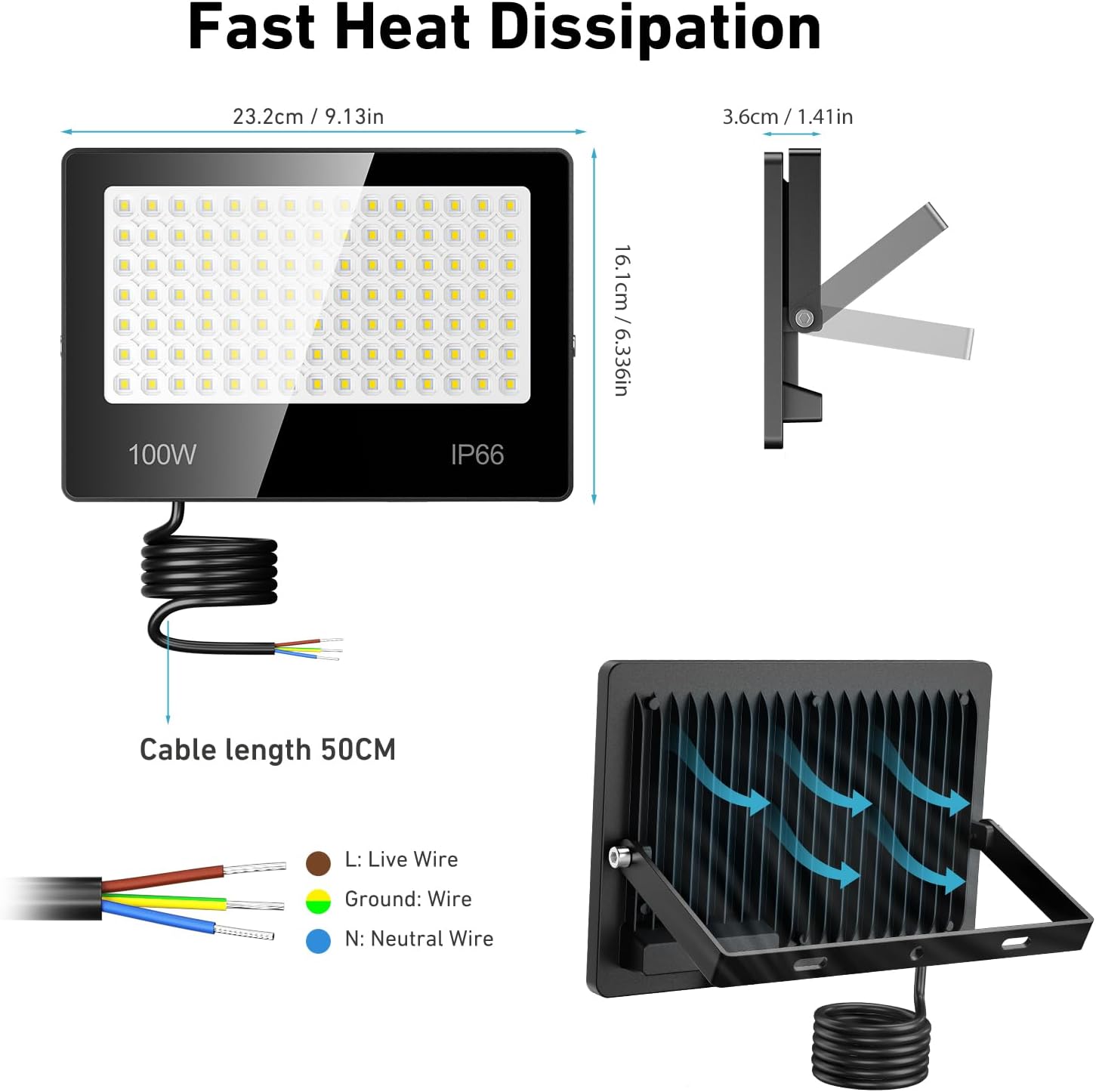 Detalle de Projecteur LED Extérieur 100W – 10000 LM, 6500K, IP66, 105 LEDs