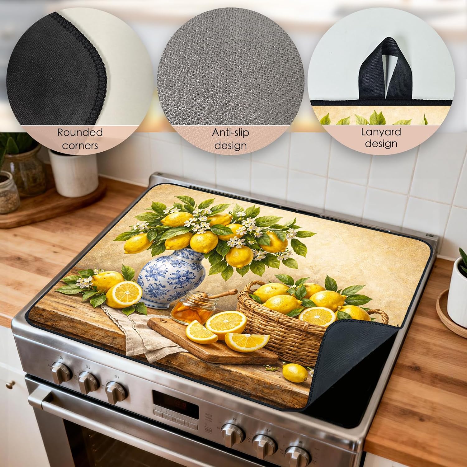 Detalle de SEADER Lemon Stove Top Cover, 28.35 x 20.47-Inch Polyester Blend