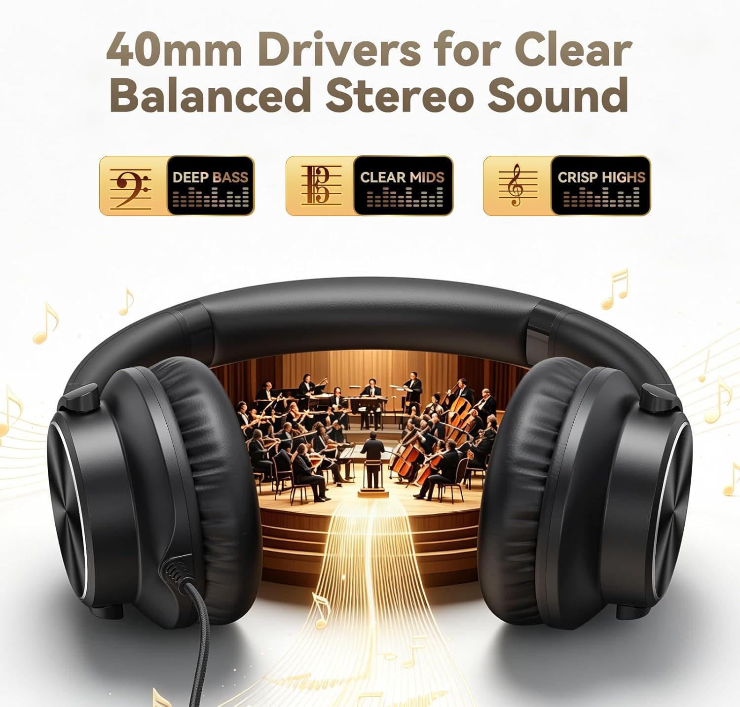 Detalle de KVIDIO Wired Headphones with Mic, 40mm Drivers, 3.5mm Plug, and Foldable Over-Ear Comfort
