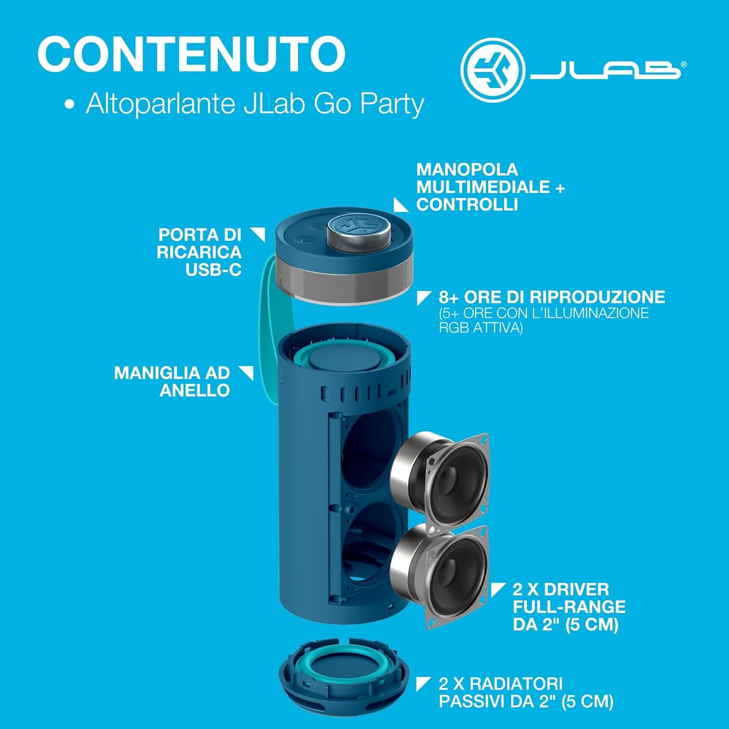 Thumbnail 6 de JLab Go Party cassa Bluetooth portatile 10W con luci RGB e autonomia 16+ ore, IP56 (Blu Navy)