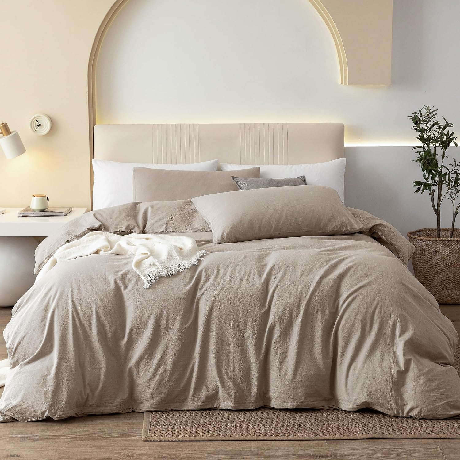 Thumbnail 6 de JIYUAN Queen Washed Cotton Duvet Cover Set, 3-Piece with Hidden Zipper and 8 Corner Ties