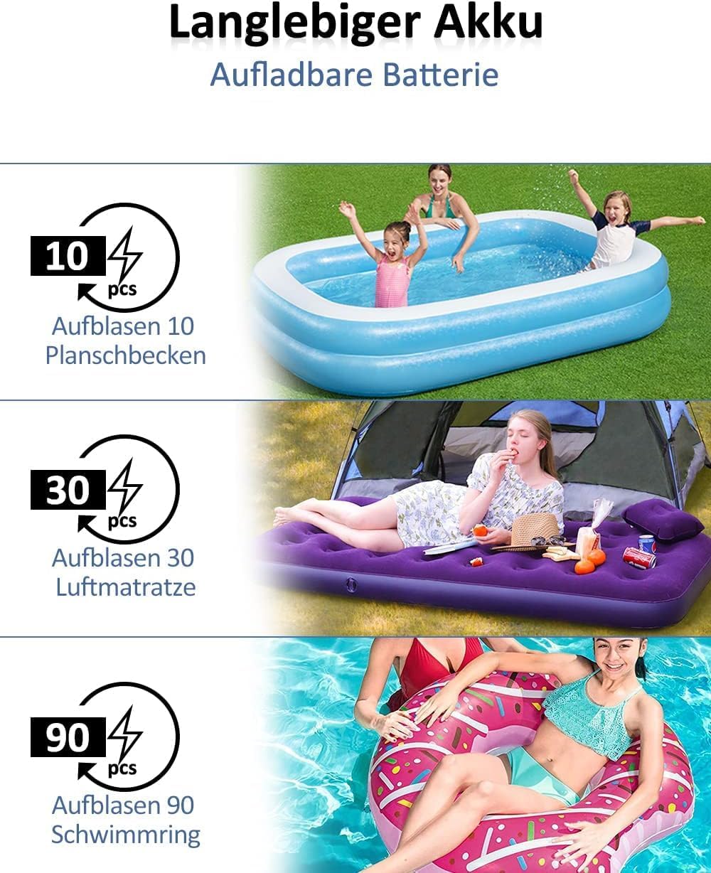 Thumbnail 6 de Kabellose elektrische Luftpumpe mit 2×2000mAh Akku – Schnellaufblasen für Pool, Schlauchboot & Luftmatratze (4 Düsen)