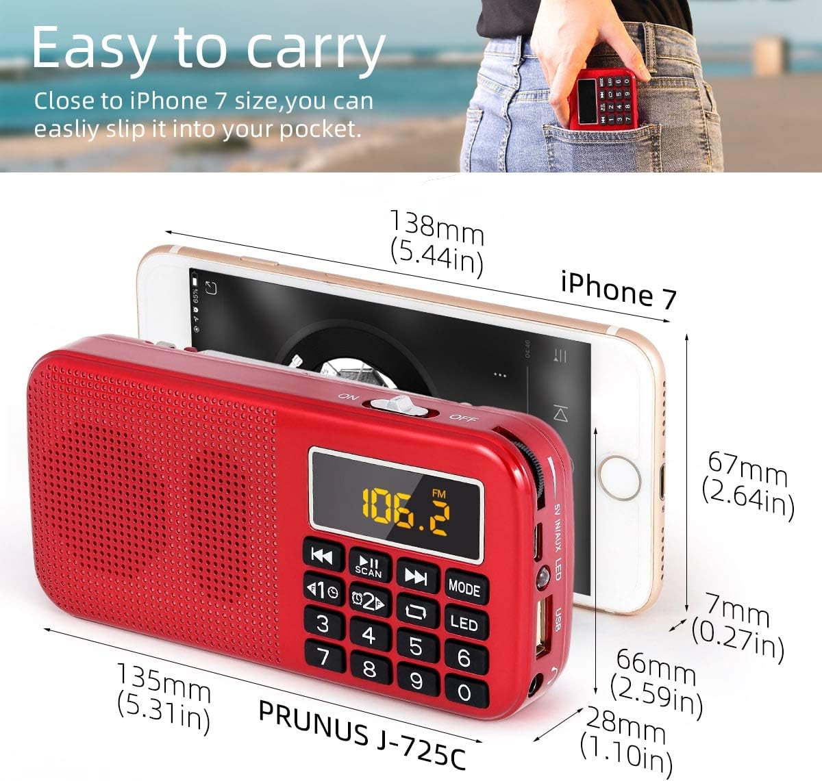 Thumbnail 1 de PRUNUS J-725 : Radio portable rechargeable avec horloge, lampe de secours et lecteur MP3