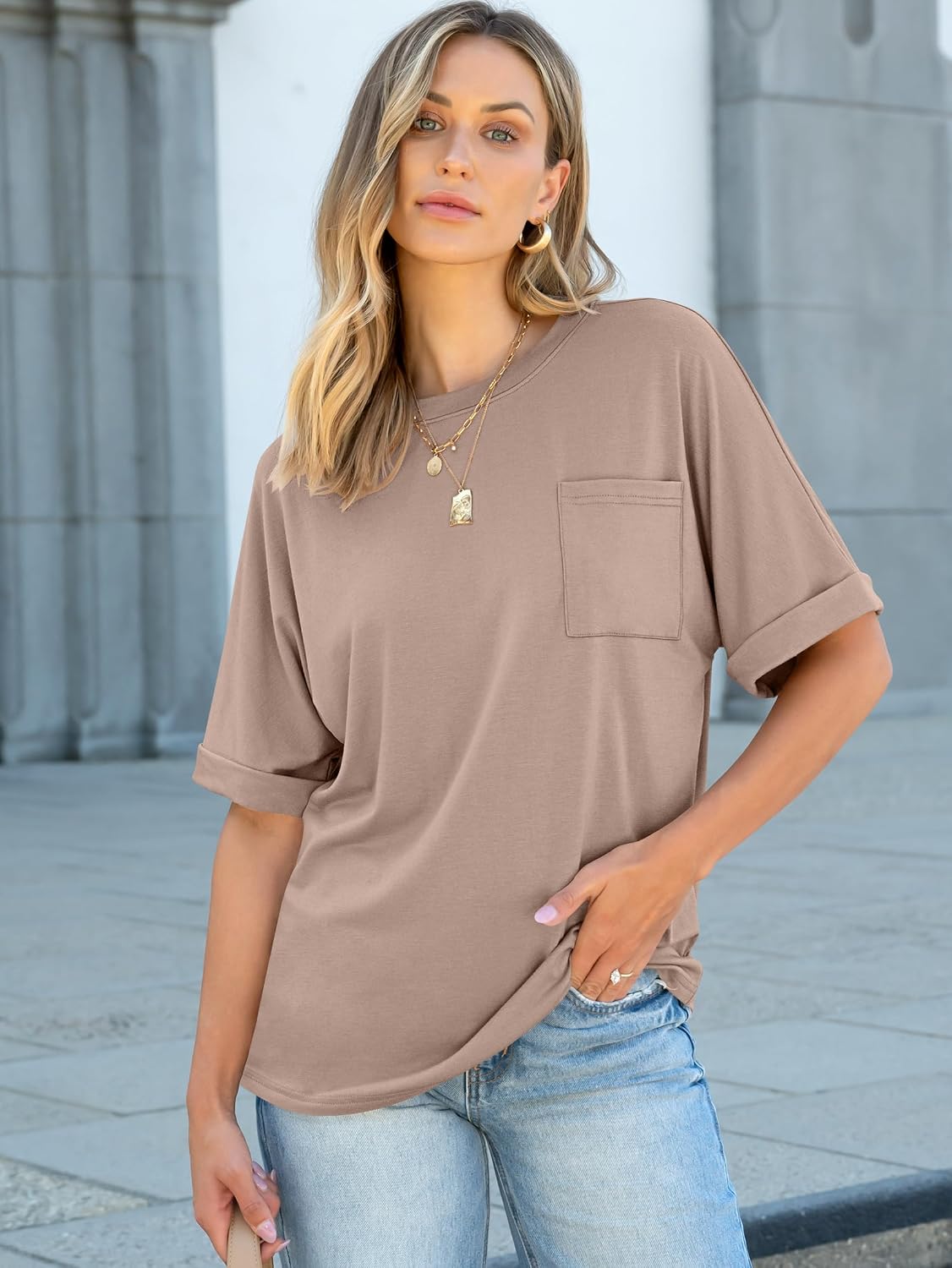 Detalle de ANRABESS Women's Oversized Short-Sleeve T-Shirt with Chest Pocket