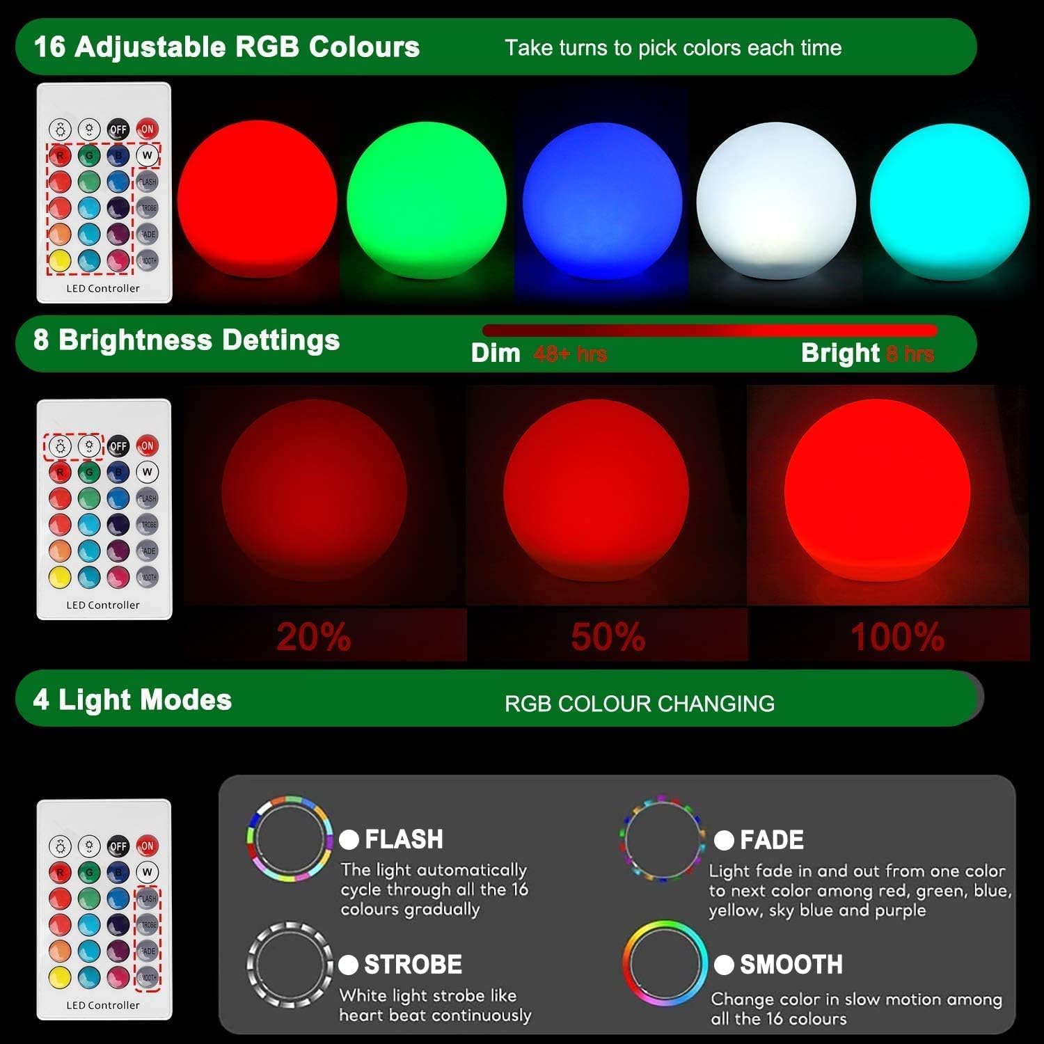 Detalle de 2er-Set: 30 cm RGB Solar-Kugelleuchten mit Fernbedienung, IP66 Außenbeleuchtung für Garten, Teich und Terrasse
