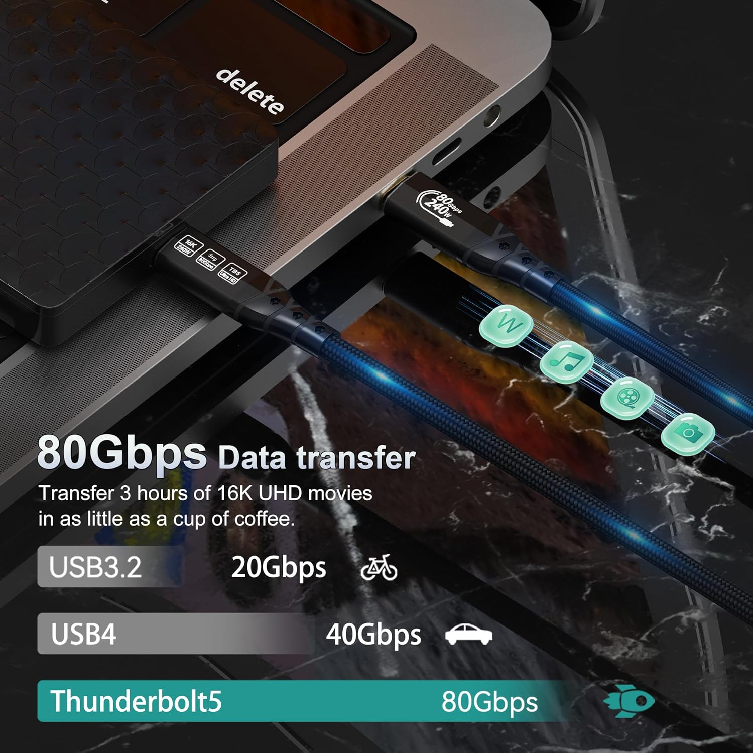 Thumbnail 2 de ZIKNYDO USB4 2.0 to Thunderbolt 5 Cable (80Gbps) 1m with PD 3.1 up to 240W