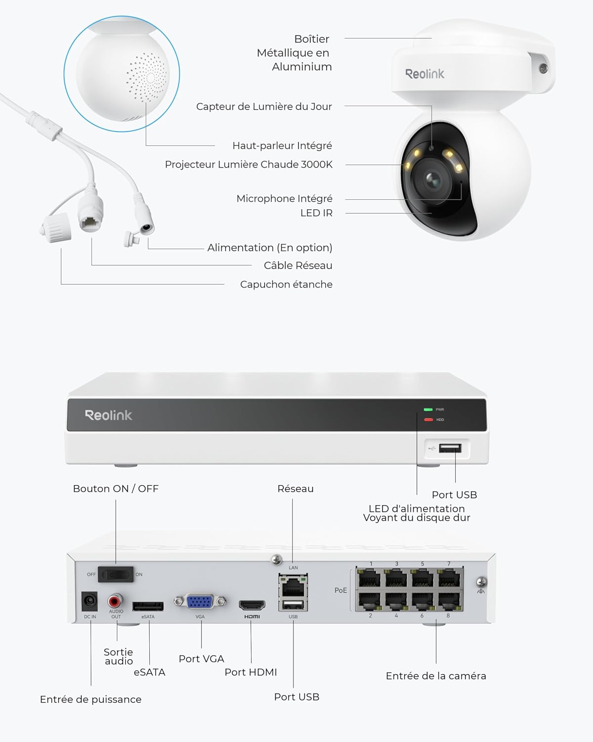 Detalle 2 de Reolink RLK8-800PT4: Système PoE 4K avec Pan‑Tilt 355° & Tracking automatique (4 caméras + NVR 8 canaux)