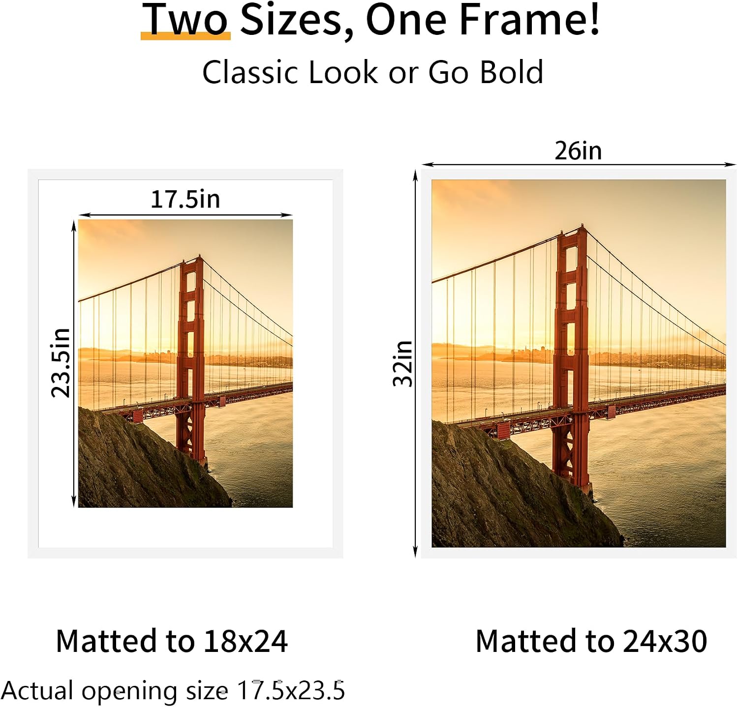 Detalle de YESKAY 24x30 Picture Frames, 3-Pack, White MDF with Mats for 18x24 Prints