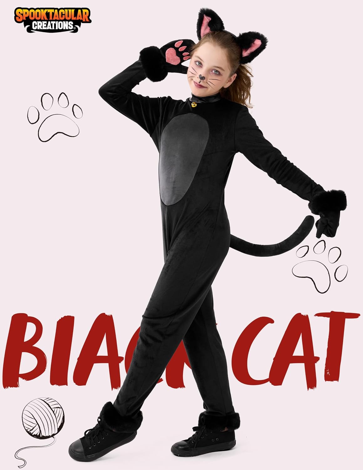 Detalle de Spooktacular Creations Girls Cat Costume, Plush Black Jumpsuit with Detachable Tail