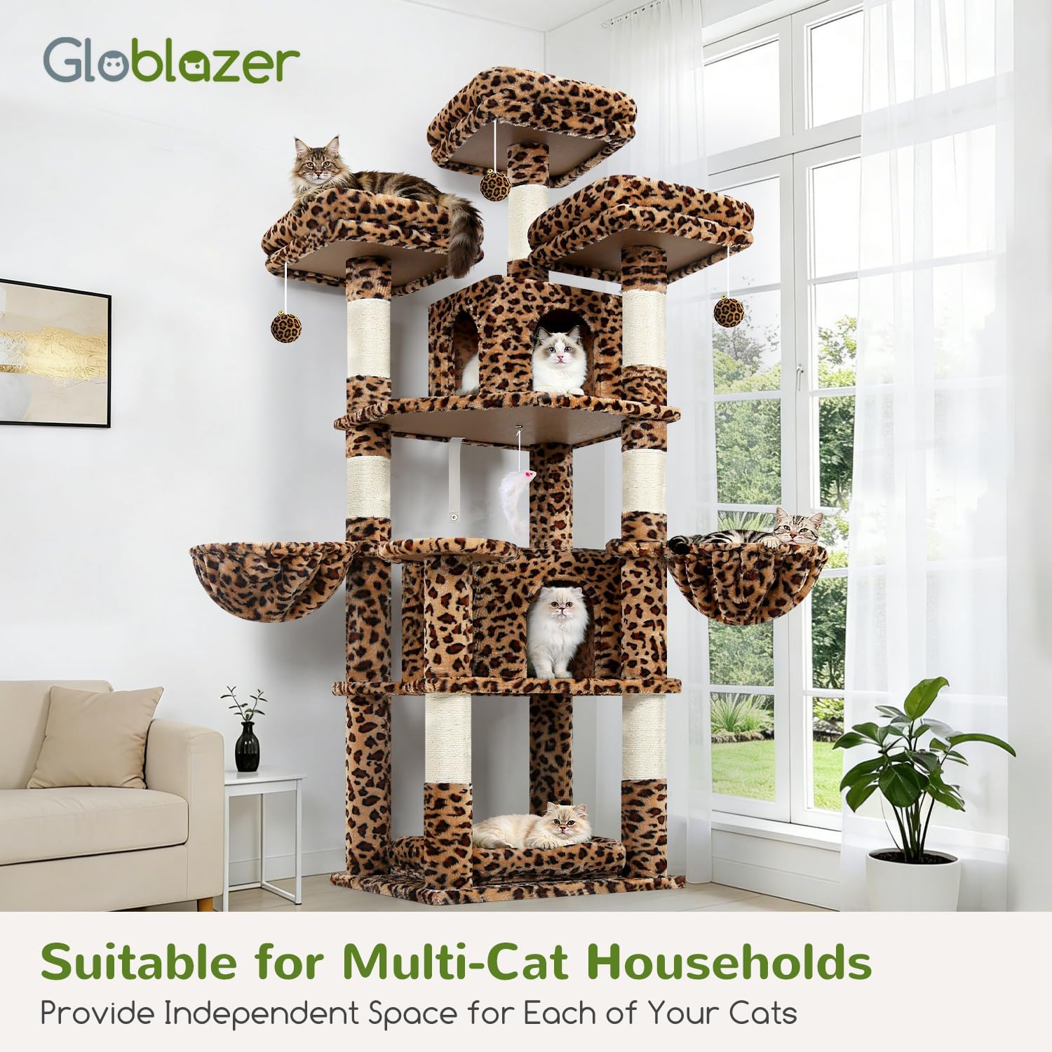 Thumbnail 6 de Globlazer Kratzbaum Leoparden Stabil 174 cm mit 3 gepolsterten Sitzstangen, 2 Katzenhäusern und abnehmbarem Haustierbett (F68B)