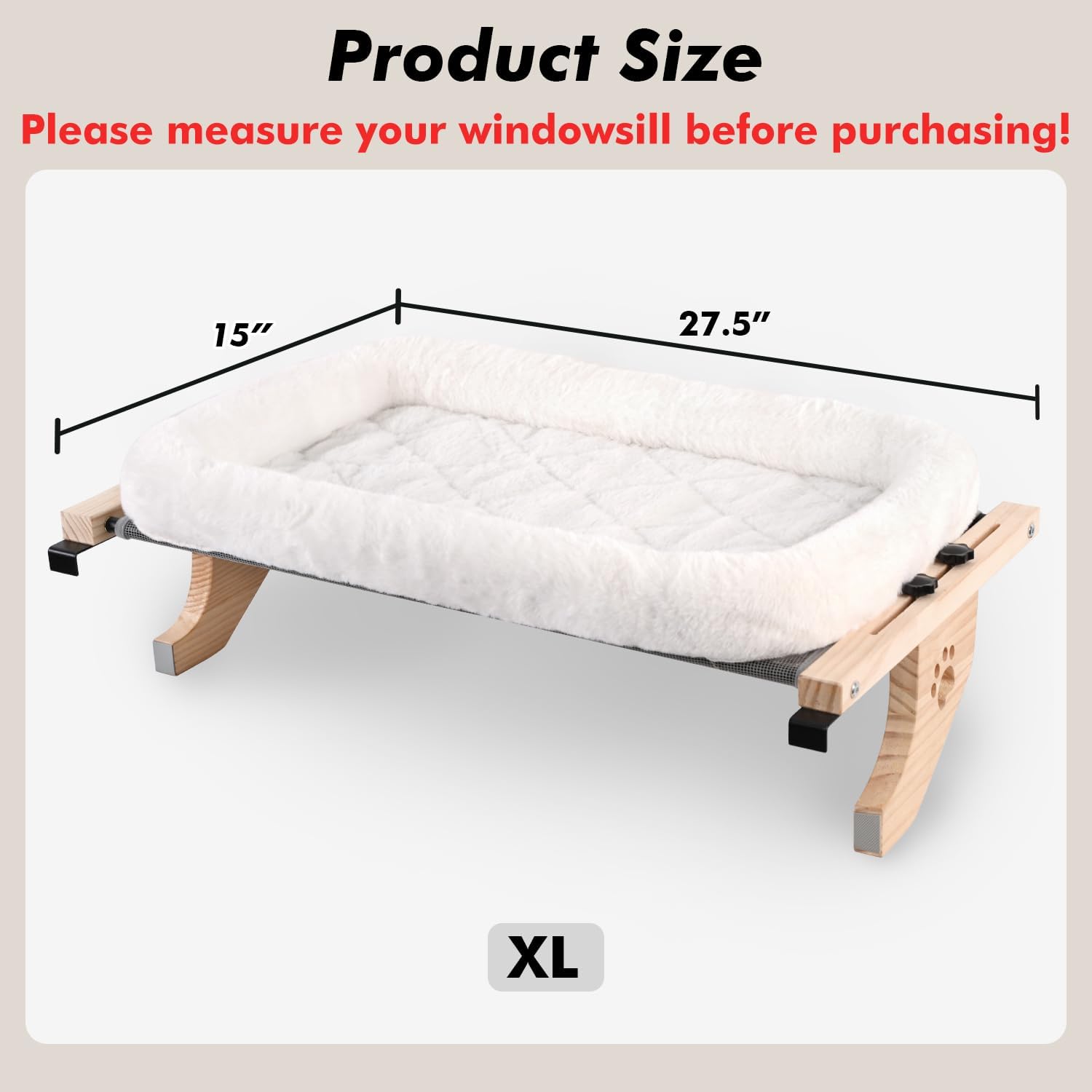 Detalle 2 de AMOSIJOY WSP-70-BED-CA Cat Window Perch, 27.5-Inch Wood Frame, 40 lb Capacity