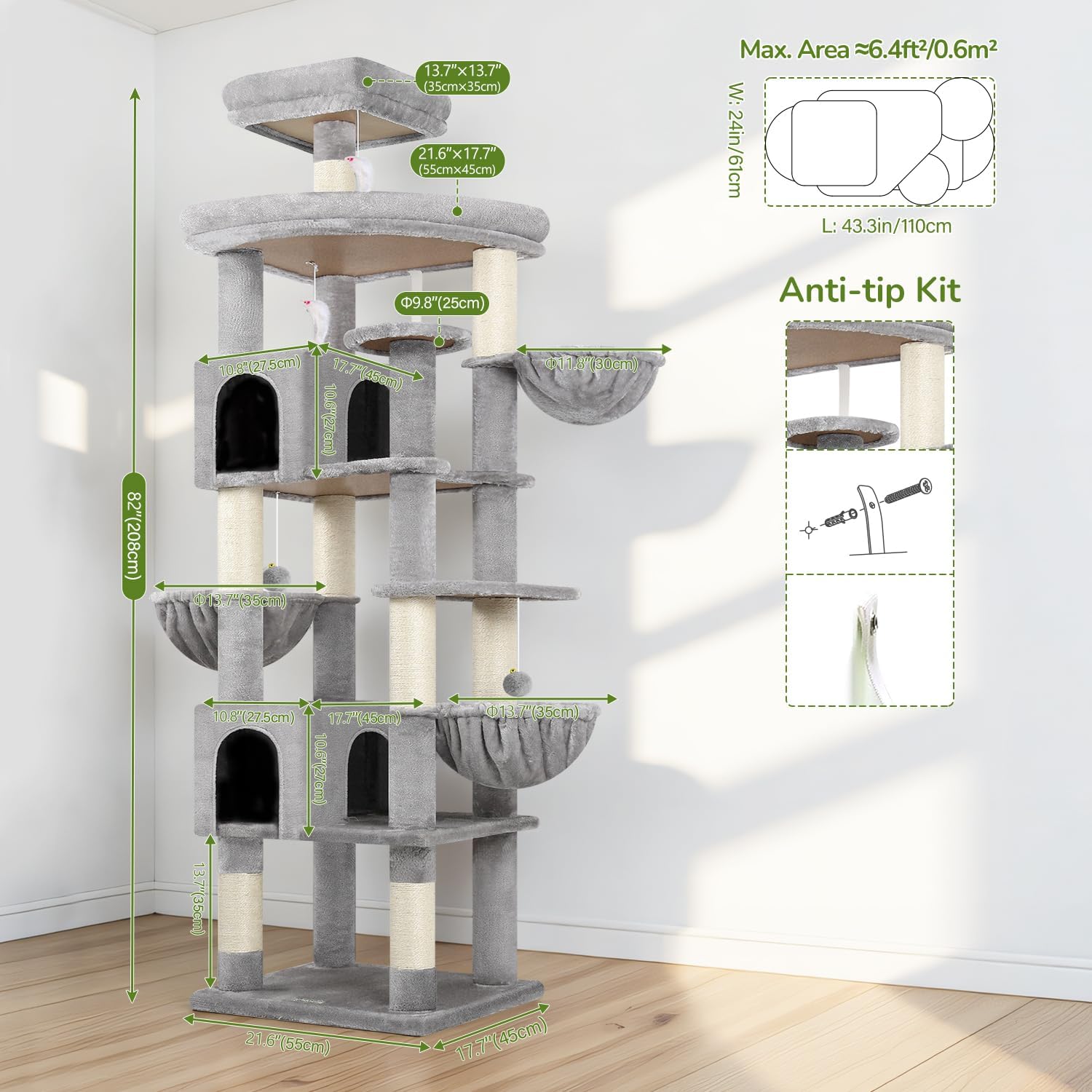Thumbnail 5 de Globlazer Kratzbaum Groß XXL S82 (209 cm) mit 2 Katzenhäusern, 3 Körben & 8 Sisal-Kratzsäulen – hellgrau