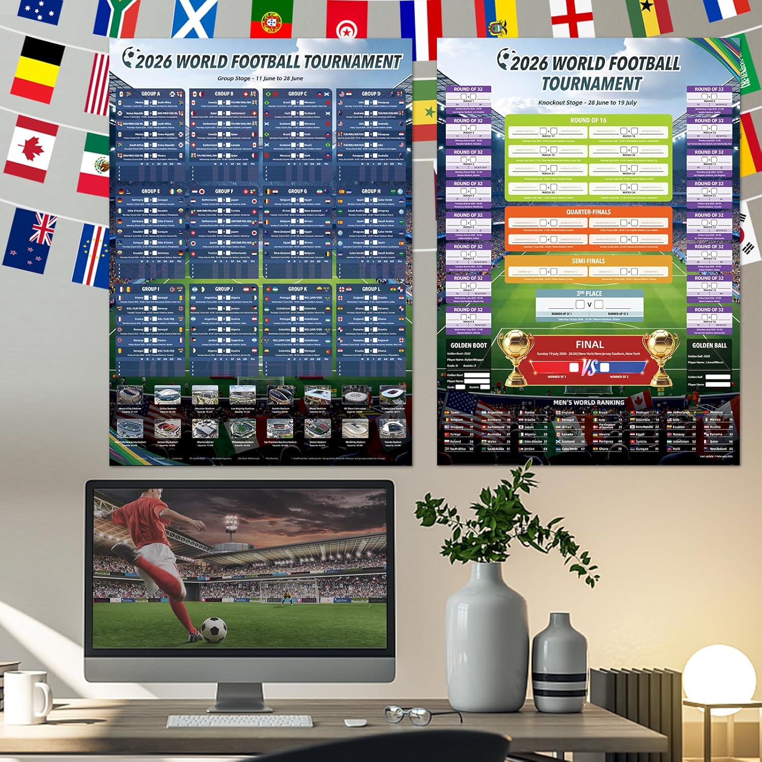 Thumbnail 4 de AhfuLife World Cup 2026 Flags Bunting & Wall Chart Set (15m, 48 Flags + 2 Posters) – A2 Poster with 48 Teams Schedule