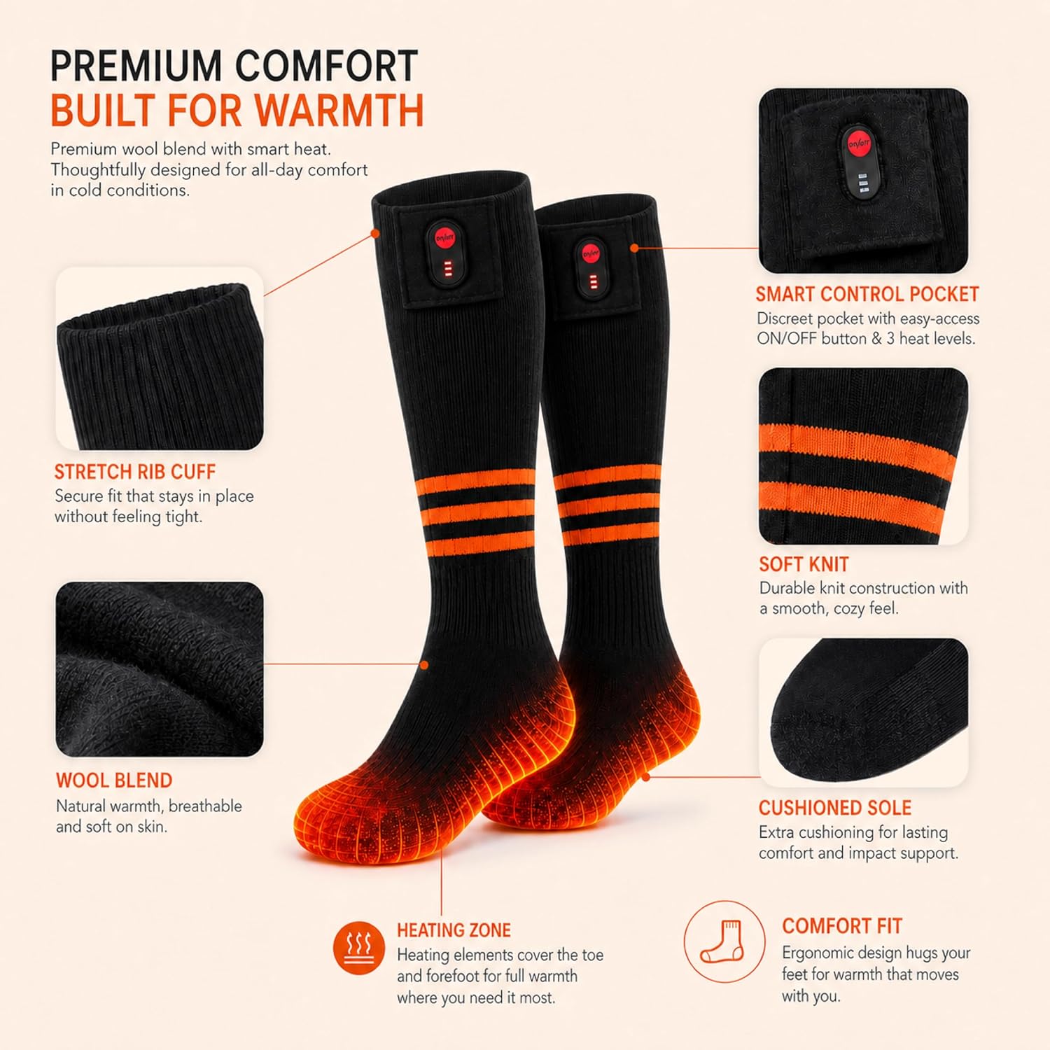 Detalle 1 de WEIVIOQ PG-7000B Heated Socks, Wool Blend, App and Button Control