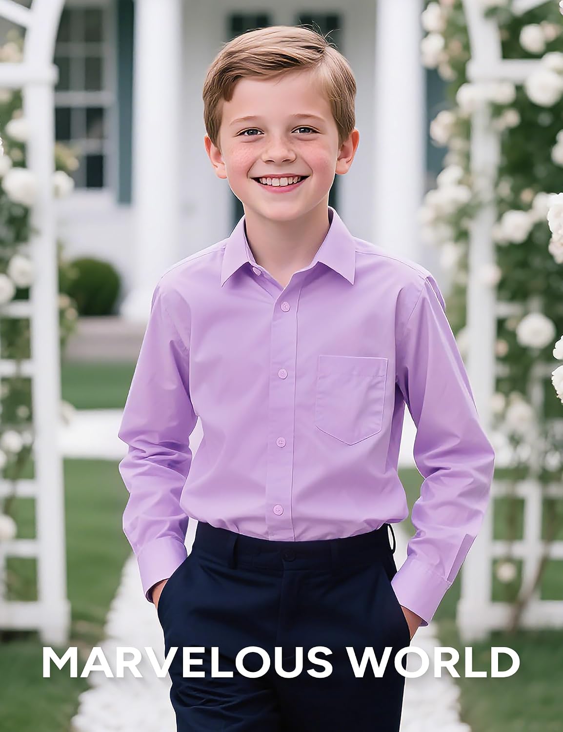 Detalle de Marvelous World Boys’ Long-Sleeve Button-Down Dress Shirt, Cotton Blend