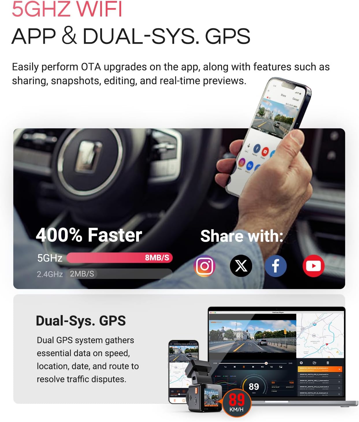 Thumbnail 4 de VANTRUE E1 Pro 4K HDR Front Dash Cam with Sony STARVIS 2, 5G WiFi, GPS & Voice Control