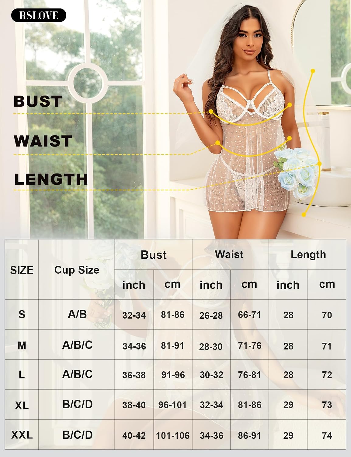 Thumbnail 4 de RSLOVE babydoll-nattlinne med spets, mesh, V-ringning och bygelkupor
