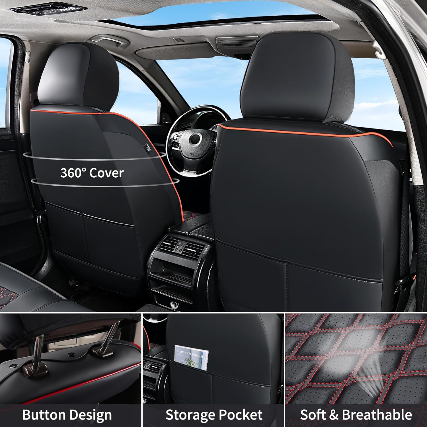 Thumbnail 2 de Huidasource Dodge Ram Seat Covers — Full Front & Rear Leather-Style Fit for 2009-2018 RAM 1500, 2010-2025 2500/3500 Crew Mega Cab, and 2019-2025 Ram 1500 Classic (Black & Red)