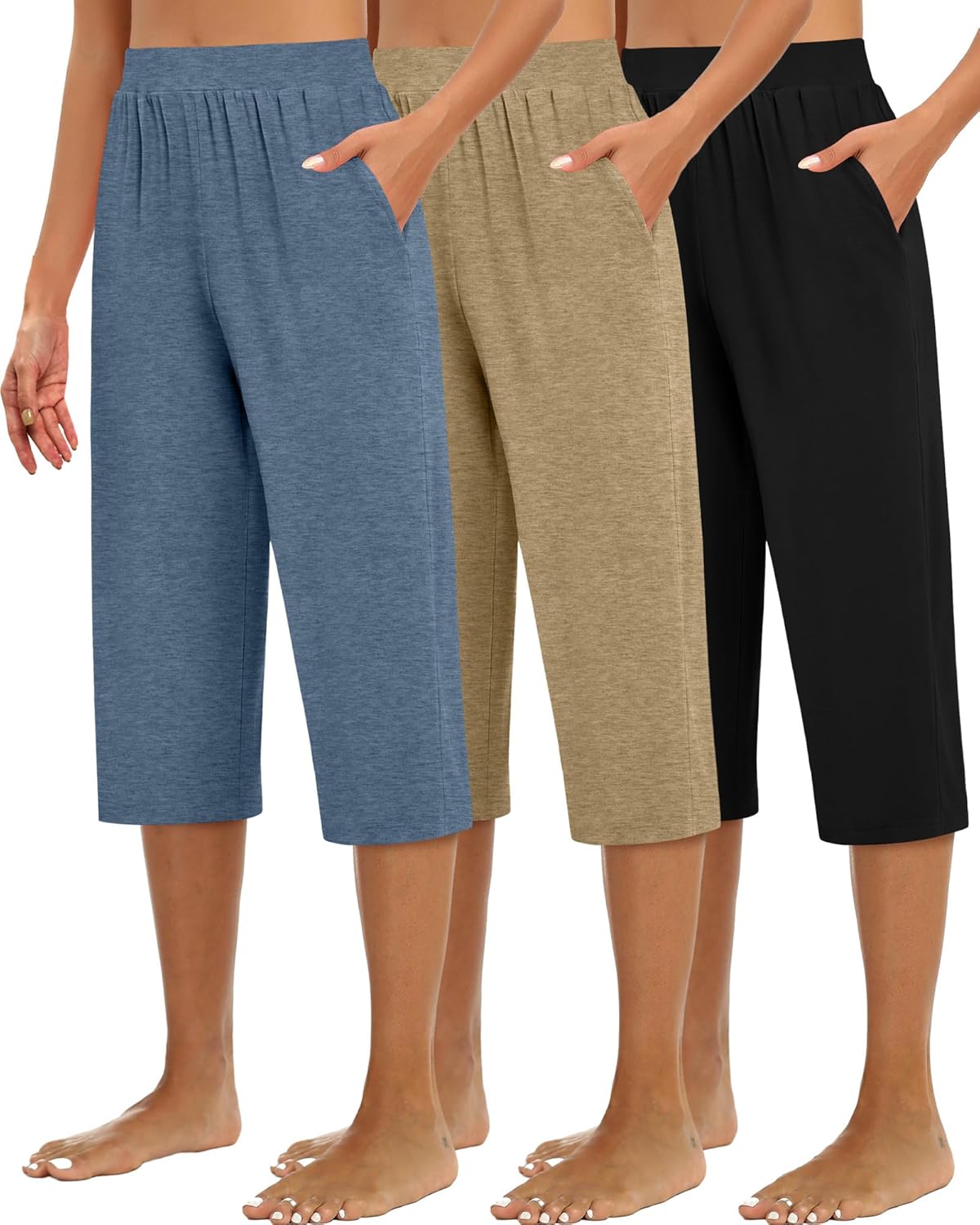 Detalle 2 de Huukeay 3 Pack Women's Capri Sweatpants: Cozy Wide-Leg Cropped Capris with Pockets