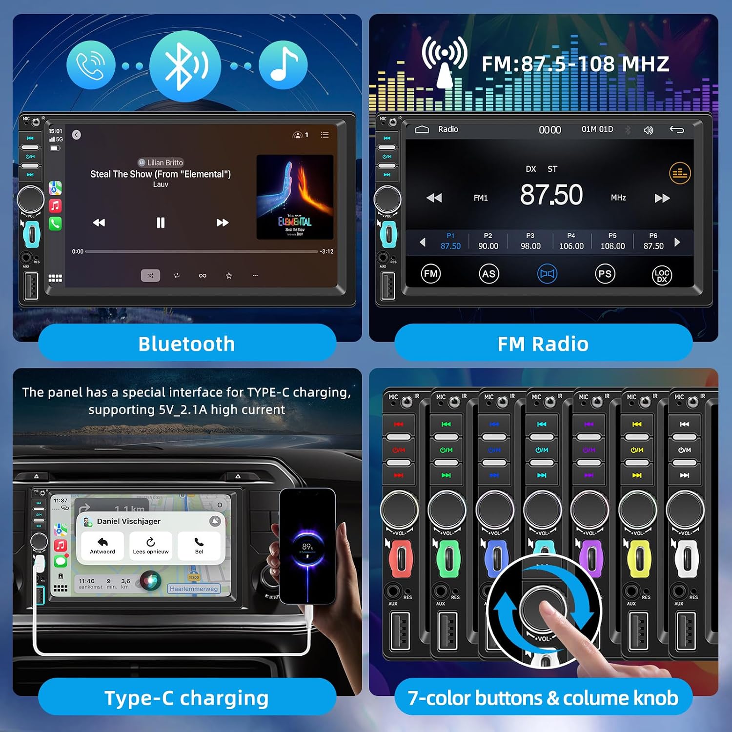 Thumbnail 5 de Autoradio 1 DIN con Schermo 7” e CarPlay/Android Auto Wireless, 4G Bluetooth, Telecamera Posteriore e Mirror Link