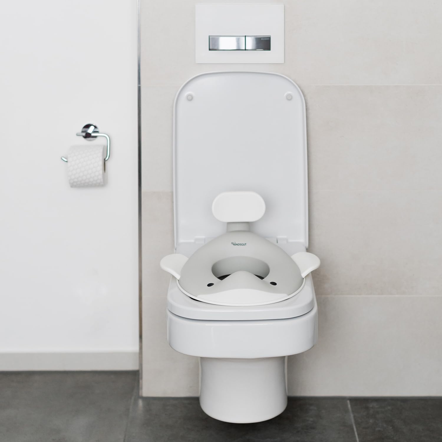 Detalle de Kindsgut Whale Children’s Toilet Seat (Light Grey) – child-friendly design with splash guard